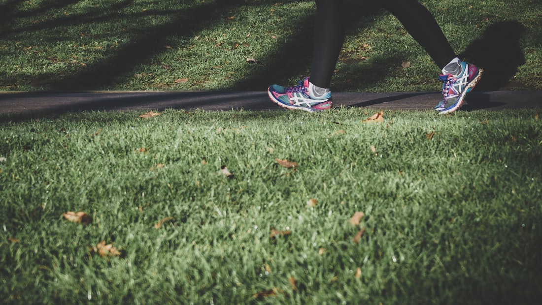 Two people walking side by side across sunlit grass, seen from the knees down